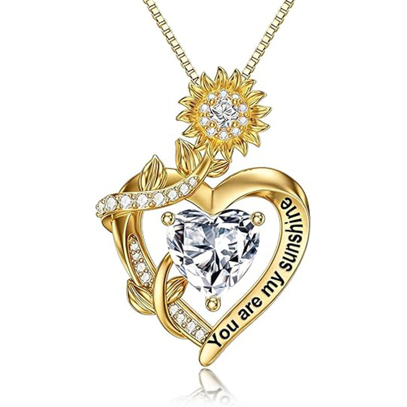 10K 14K 18K Gold  12 Months Birthstones Sunflower Pendant Necklace Engraved with You are My Sunshine