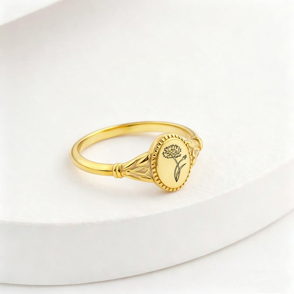 925 Sterling Silver Birth Flower Ring Vintage Flower Signet Ring Mother's Day Gift