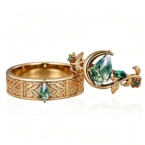 Sterling Silver 10K 14K 18K Gold Natural Leaf  Moss Agate Engagement Anniversary Couple Ring Sets