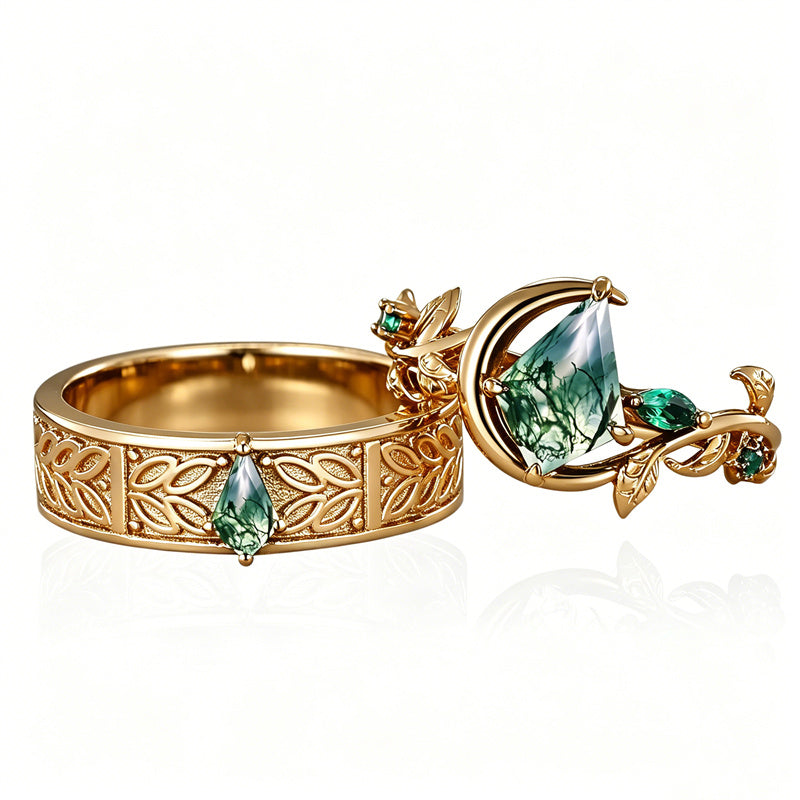Sterling Silver 10K 14K 18K Gold Natural Leaf  Moss Agate Engagement Anniversary Couple Ring Sets