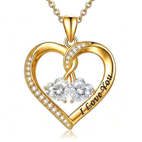 14K Gold Plated Double Heart Birthstone Rose Pendant Necklace for Women