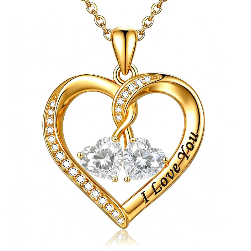 14K Gold Plated Double Heart Birthstone Rose Pendant Necklace for Women