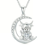 Sterling Silver Round Heart Birthstone Highland Cow Pendant Necklace Fluffy Cow Jewelry Gifts Birthday Christmas