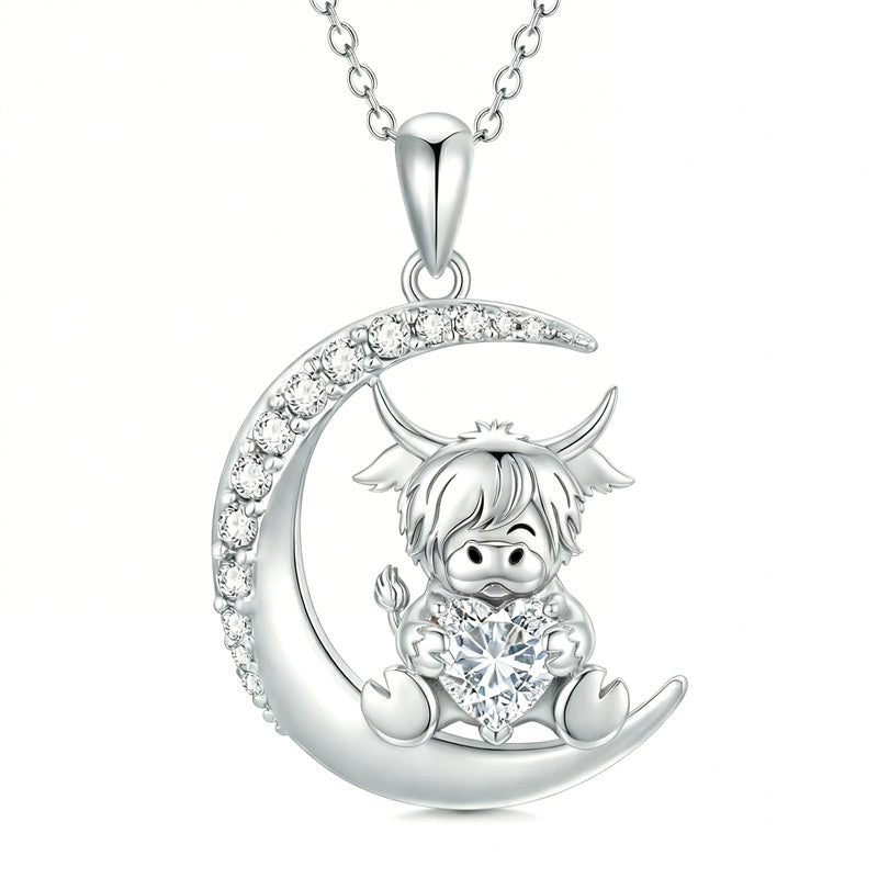 Sterling Silver Round Heart Birthstone Highland Cow Pendant Necklace Fluffy Cow Jewelry Gifts Birthday Christmas
