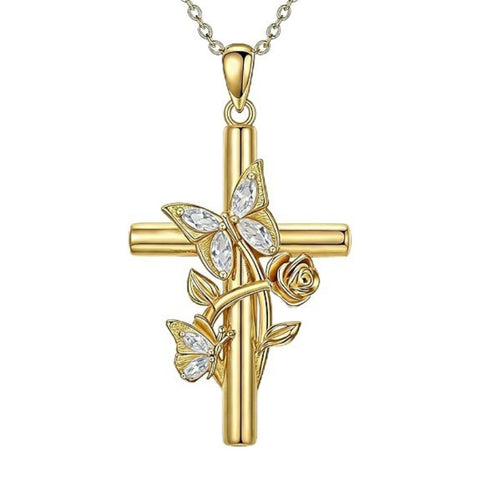 Birthston Butterfly Rose 14K Plated Gold Cross Pendant Necklace for Women