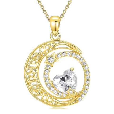 10K 14K 18K Gold Heart Birthstone Moon and Star Pendant  Necklace for Women