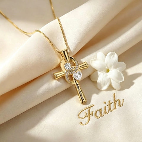 14K Gold Plated Dainty Heart Birthstone Pendant Cross Necklace for Women Religious Gift