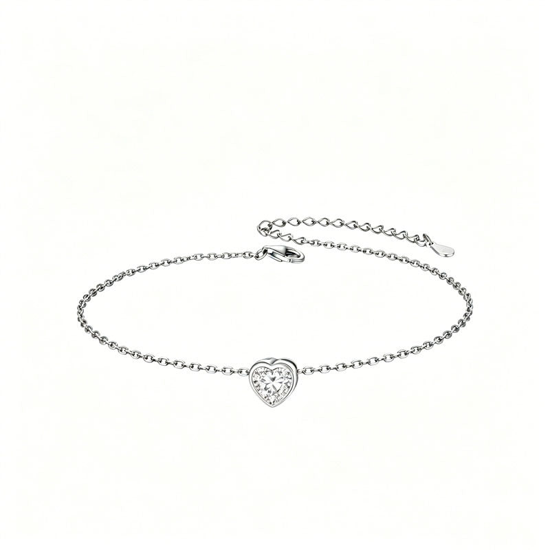 Sterling Silver Simple Dainty Round Heart Birthstone Single Layer Charm Anklet