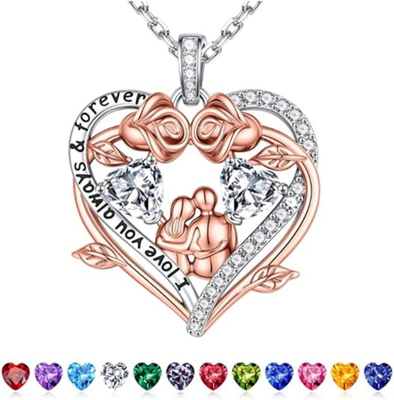 Sterling Silver Heart Birthstone Couple Hugging Necklace for Women Valentine's Day Gift