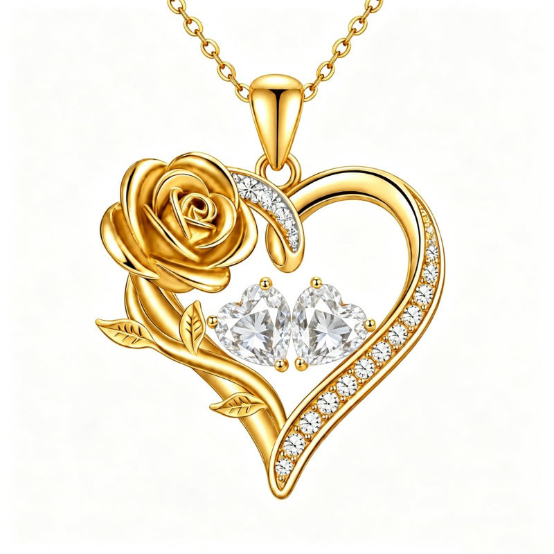 14K Gold Plated Double Heart Birthstone Rose Pendant Necklace for Women