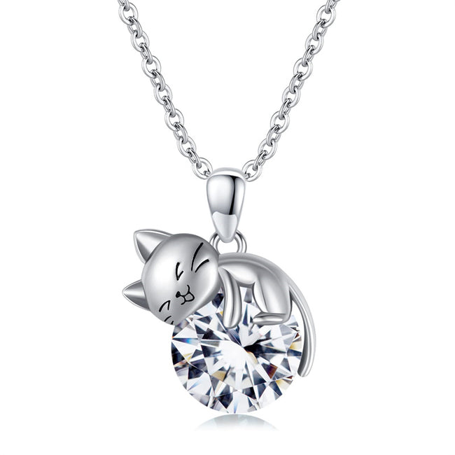 14K Gold Cat Necklace with Birthstone Cat Pendant Necklace Gift for Women