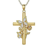 Birthston Butterfly Rose 14K Plated Gold Cross Pendant Necklace for Women