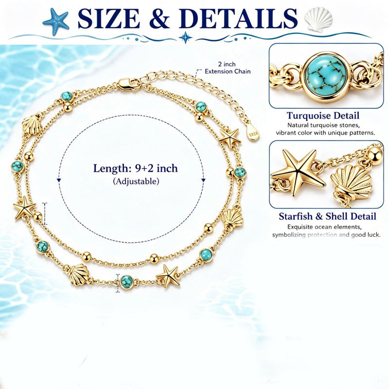 14K Gold Plated Turquoise Turtle Starfish Ocean Double Layered Anklet