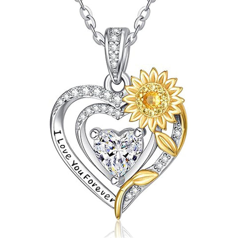 Sterling Silver Heart Birthstone Sunflower Pendant Necklace Engraved with I Love You Forever