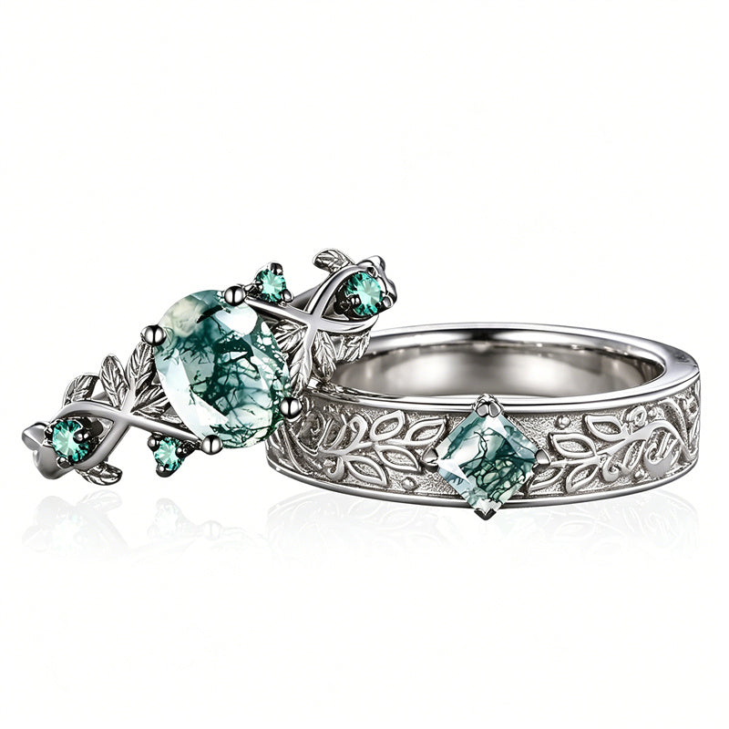 Sterling Silver 10K 14K 18K Gold Natural Leaf  Moss Agate Engagement Anniversary Couple Ring Sets