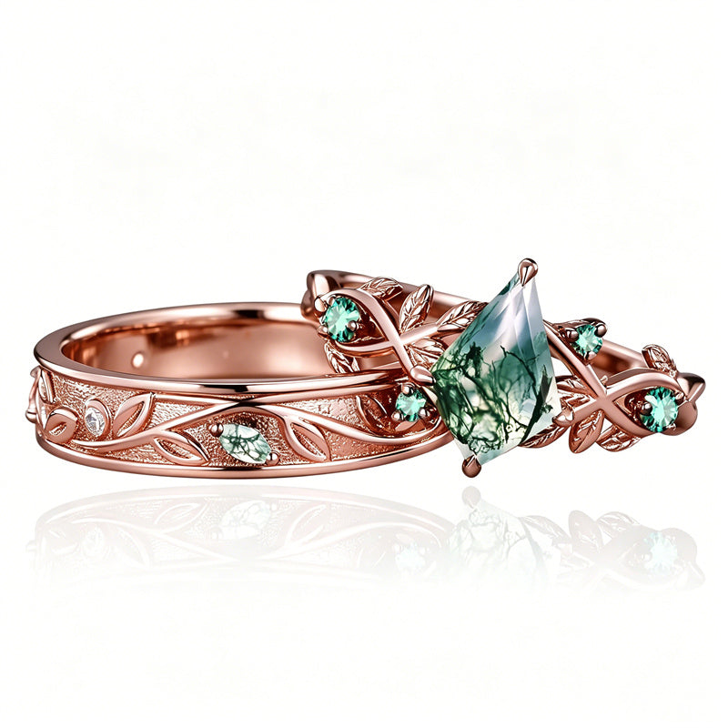 Sterling Silver 10K 14K 18K Gold Natural Leaf  Moss Agate Engagement Anniversary Couple Ring Sets
