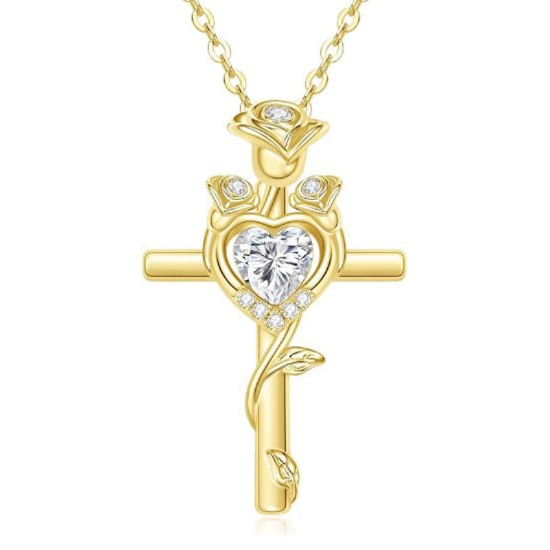 14K Gold Plated Birthstone Rose Cross Necklace for Women Faith Jewelry Gift