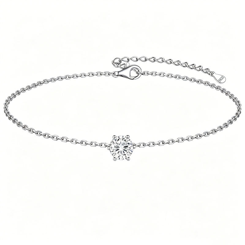 Sterling Silver Simple Dainty Round Heart Birthstone Single Layer Charm Anklet