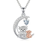 Sterling Silver Round Heart Birthstone Highland Cow Pendant Necklace Fluffy Cow Jewelry Gifts Birthday Christmas