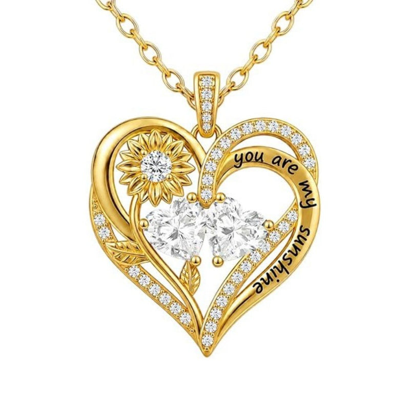 Double Birthstone Necklace 14K Gold Plated You Are My Sunshine Sunflower Necklace Heart Pendant Necklace