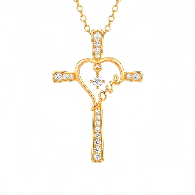 14K Gold Plated  Birthstone  LOVE Heart Cross Necklace for Women Faith Jewelry