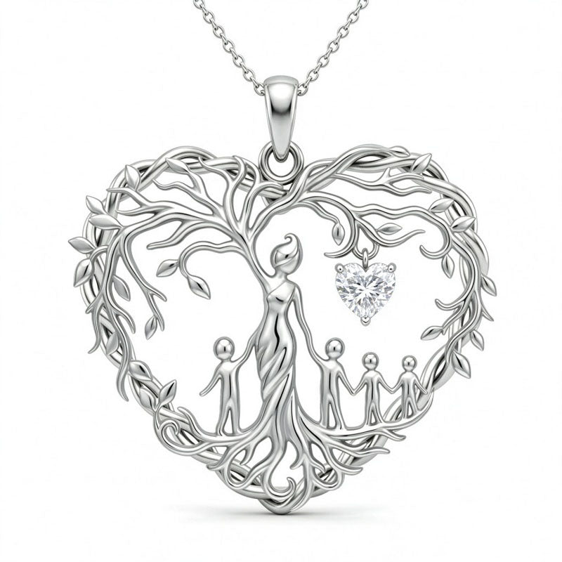 Sterling Silver Heart Pendant Birthstone Tree of Life Mother Child Family Necklace