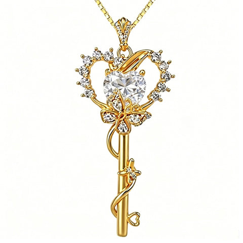 Birthstone Infinity Heart 14K Gold Plated Butterfly Key Pendant Necklace Gift for Her