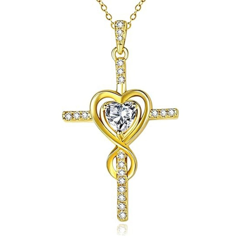 14K Gold Plated Dainty Heart Birthstone Pendant Cross Necklace for Women Religious Gift