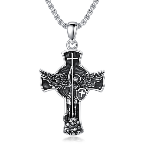 St Michael Necklace for Men 925 Sterling Silver Cross Saint Archangel Michael Medal Medallion Protection Jewelry for Men