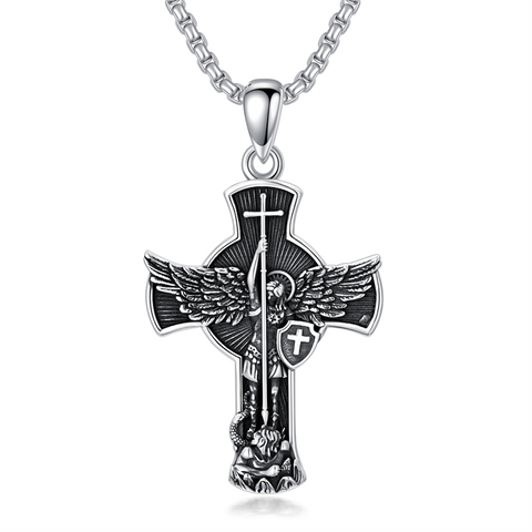 Sterling Silver St Michael & Cross Pendant Necklace for Men