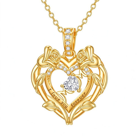 10K 14K 18K Gold Heart Rose Necklace I Love You Forever Heart Jewelry