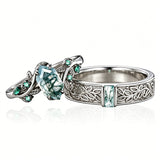 Sterling Silver 10K 14K 18K Gold Natural Leaf  Moss Agate Engagement Anniversary Couple Ring Sets