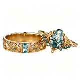 Sterling Silver 10K 14K 18K Gold Natural Leaf  Moss Agate Engagement Anniversary Couple Ring Sets
