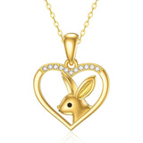 14k Heart Pendant Necklace for Women Real Gold Bunny Heart Pendant Gift for Mother Day Valentine Christmas