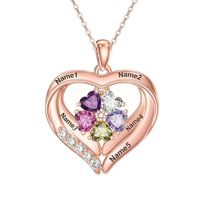 14K Gold Plated Personalized 1-5 Heart Birthstone Names Necklace  for Women