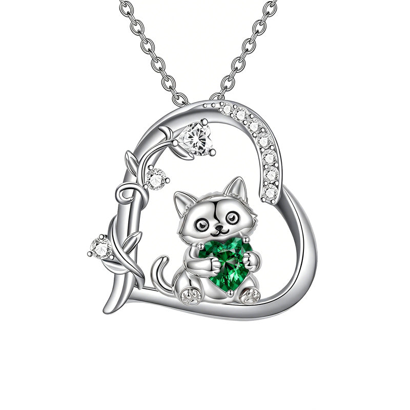 Sterling Silver Birthstone  Cat Pendant Necklace for Women