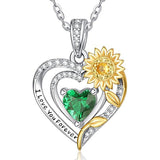 Sterling Silver Heart Birthstone Sunflower Pendant Necklace Engraved with I Love You Forever