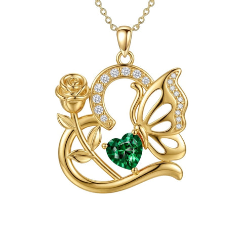 14K Gold Plated Heart Birthstone Rose Mom Butterfly Pendant Necklace for Women