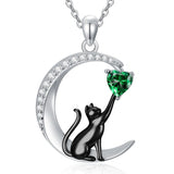 Sterling Silver Heart Birthstone Cat Pendant Necklace