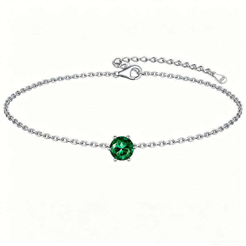 Sterling Silver Simple Dainty Round Heart Birthstone Single Layer Charm Anklet