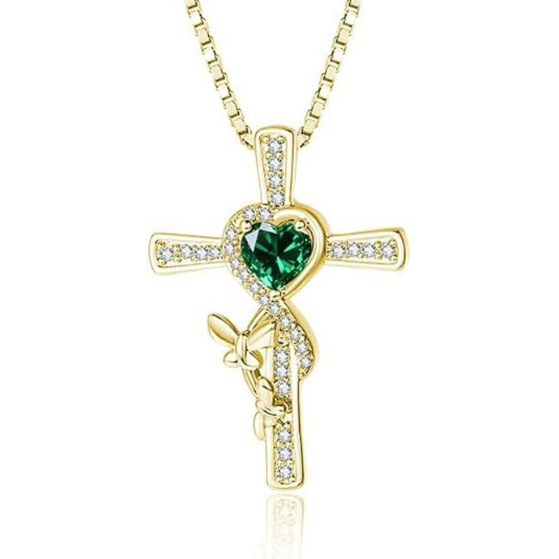 14K Gold Plated Birthstone Butterfly  Cross Pendant Necklace Anniversary Birthday for Her