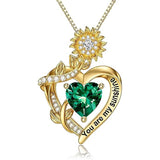 10K 14K 18K Gold  12 Months Birthstones Sunflower Pendant Necklace Engraved with You are My Sunshine