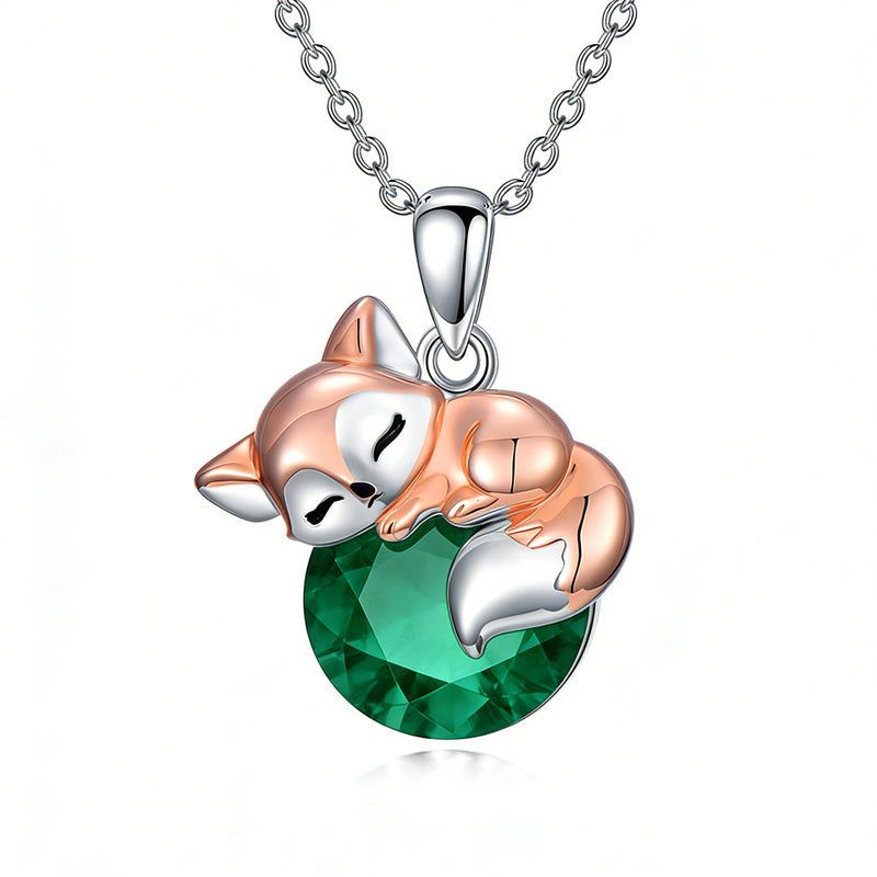 Sterling Silver 12 Month Birthstone Fox Pendant Necklace for Women