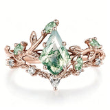 Sterling Silver 10K 14K 18K Gold 2CT Moss Agate Vine Leaf Women's Bridal Ring Sets for Wedding Engagement