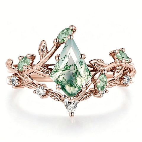 Sterling Silver 10K 14K 18K Gold 2CT Moss Agate Vine Leaf Women's Bridal Ring Sets for Wedding Engagement