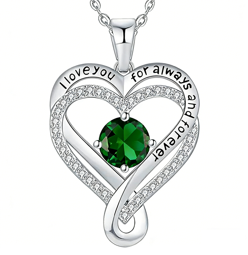 Sterling Silver 12 Month Birthstone Double Heart Pendant Necklace  Engraved with I Love You for Always and Forever