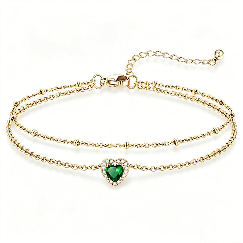 Sterling Silver Birthstone Double Layer Anklet for Beach Weddings, Summer Vacations & Pool Parties