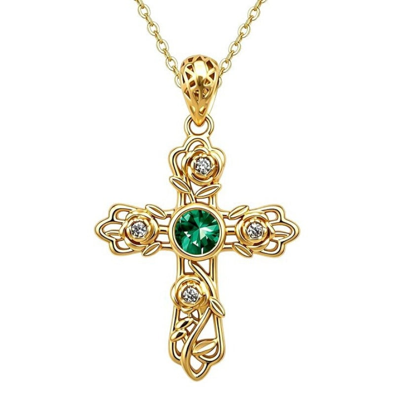 14K Gold Plated Round Cubic Zirconia Filigree Rose Cross Necklace for Women