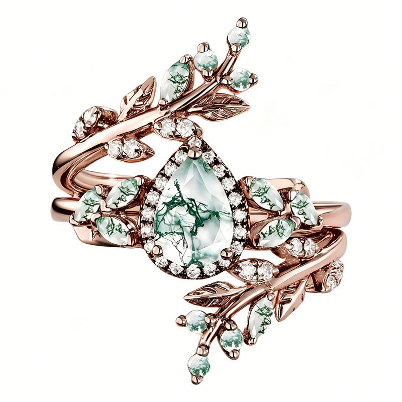 Sterling Silver 10K 14K 18K Gold 2CT Moss Agate Vine Leaf Women's Bridal Ring Sets for Wedding Engagement