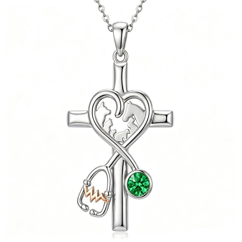 14K Gold Plated  Birthstone Stethoscope Cross Necklace Graduation Gifts for Women RN